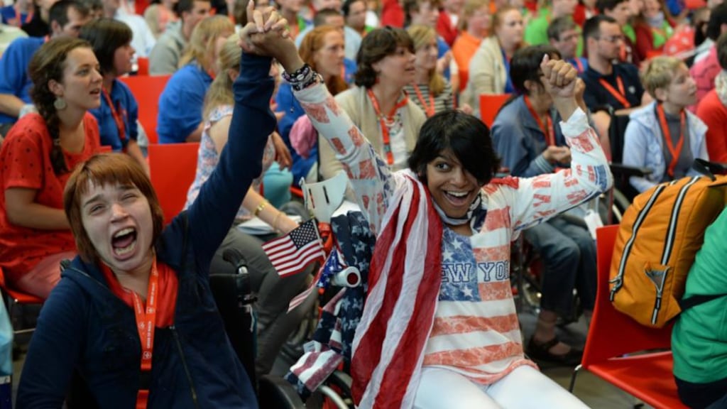 Belgians Marie van den Hende (left) and Laurence Cosse at the summer camp held at Clongowes Wood College, Co Kildare, this week. Photograph: Frank Miller
