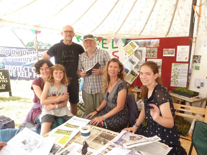 Ana Moreno and Angel Fernandez with their daughter Ariadna (who are all on left of photo) with fellow wwoofers Andrew Kenward (Ireland), Shannon Leigh Chambers (US) and (on right) Erin Snell (US) at the 2018 Townlands festival in West Cork.