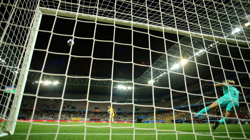 Sam Kerr misses her penalty during Australia’s shootout defeat to Norway. Photograph: Richard Heathcote/Getty