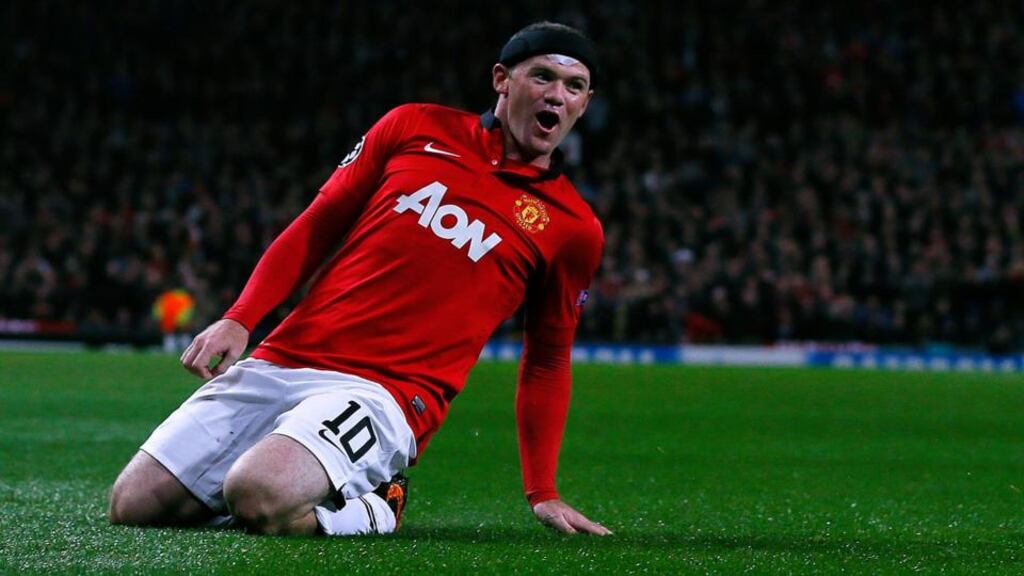 Manchester United’s Wayne Rooney celebrates scoring against Bayer Leverkusen during their Champions League match at Old Trafford in Manchester. Photograph: Phil Noble/Reuters