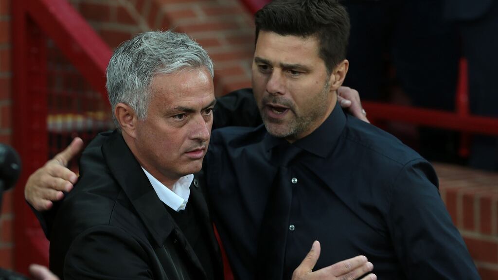 José Mourinho and Mauricio Pochettino during a Premier League match between Manchester United and Tottenham at Old Trafford in August 2018. Photograph: Matthew Peters/Manchester United via Getty Images