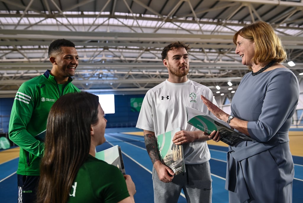 Sport Ireland CEO Dr Una May with from left, boxer Kelyn Cassidy and Paralympic swimmers Nicole Turner and Barry McClements during the launch of the next phase of the Sport Ireland Campus master plan at the National Indoor Arena in Dublin. Photograph: David Fitzgerald/Sportsfile