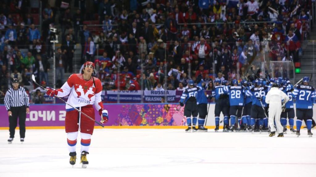 Alexander Ovechkin (red) of Russia after Finland beat his side 3-1 in the men’s ice hockey quarter-final play-off at the 2014 Sochi Winter Olympics. Photograph: Bruce Bennett/Getty Images
