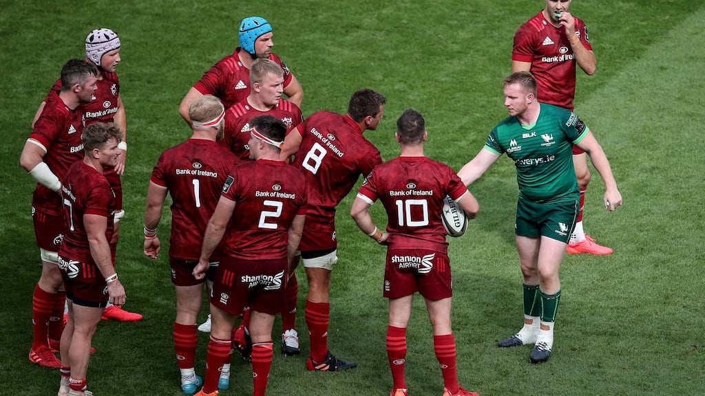 Shane Delahunt shakes hands with CJ Stander after being shown a red card during Connacht’s defeat to Munster. Photograph: Dan Sheridan/Inpho