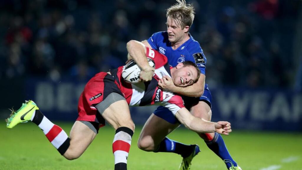 Leinster’s Luke Fitzgerald tackles Greig Tonks of Edinburgh at the RDS last month. Photo: Dan Sheridan/Inpho