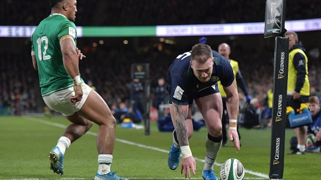 Stuart Hogg famously dropped the ball while trying to score against Ireland, but still was rewarded with three points due to a long advantage. Photograph: Charles McQuillan/Getty Images