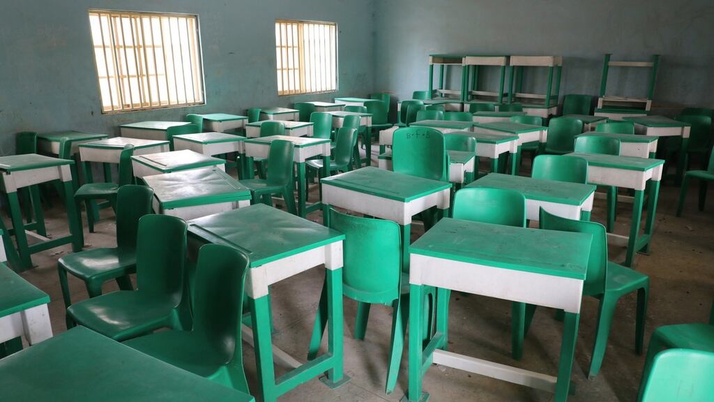 An empty classroom of Government Girls junior secondary school following an attack by gunmen in Jangebe, Nigeria. Photograph: AP Photo/Ibrahim Mansur