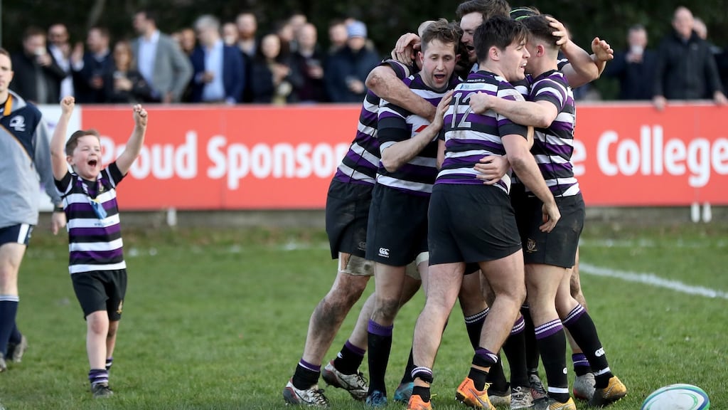 Terenure’s Mark O’Neill celebrates scoring a try with his team-mates during the victory over St Mary’s at Lakelands Park. Photograph: Bryan Keane/Inpho