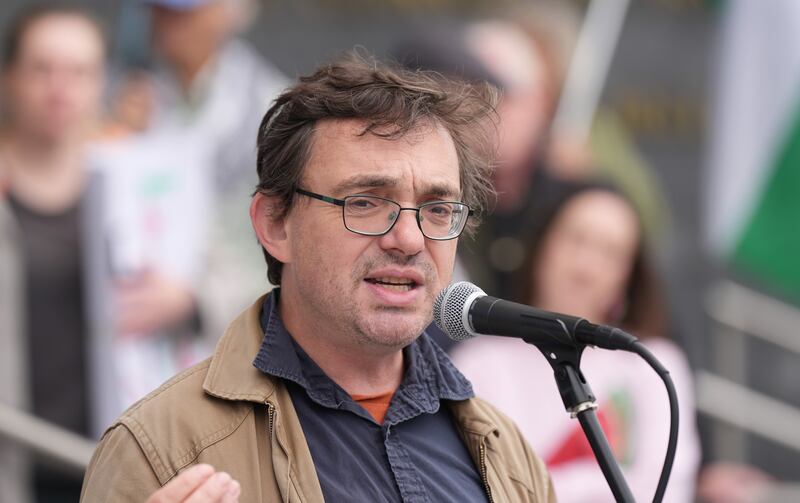 David Landy of Jews for Palestine and Academics for Palestine outside the Central Bank in Dublin. Photograph: Niall Carson/PA Wire