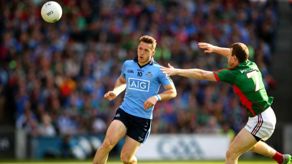 Dublin’s Paul Flynn in action against Mayo’s Colm Boyle in the All-Ireland SFC semi-final replay at Croke park. Photograph: Cathal Noonan/Inpho