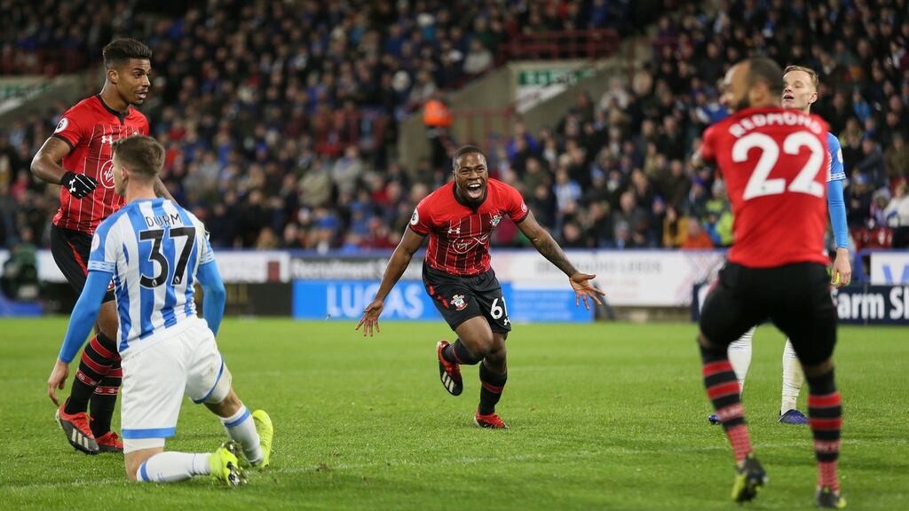 Southampton’s Michael Obafemi celebrates scoring his side’s third goal of the game during the Premier League win over Huddersfield Town. Photo: Richard Sellers/PA Wire