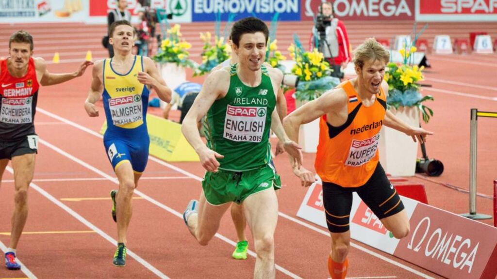 Mark English, seen here winning the silver medal in the 800m at the 2015 European Indoor Athletics Championships, needs to run quicker than 1:45.80 to qualify for the Rio Olympics. Photograph: Morgan Treacy/Inpho