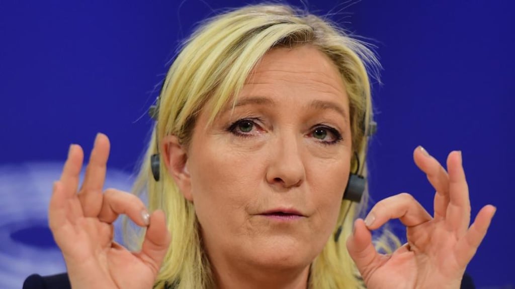 France’s National Front (FN) leader Marine Le Pen holds a press conference at the European Parliament on Tuesday to announce a new grouping of European far-right parties. Photograph: AFP Photo/ Emmanuel Dunand