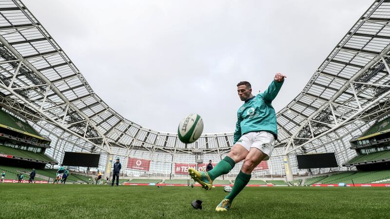 John Cooney practising his kicking during the Ireland captain’s run at the Aviva stadium ahead of the England game. Photograph: Dan Sheridan/Inpho
