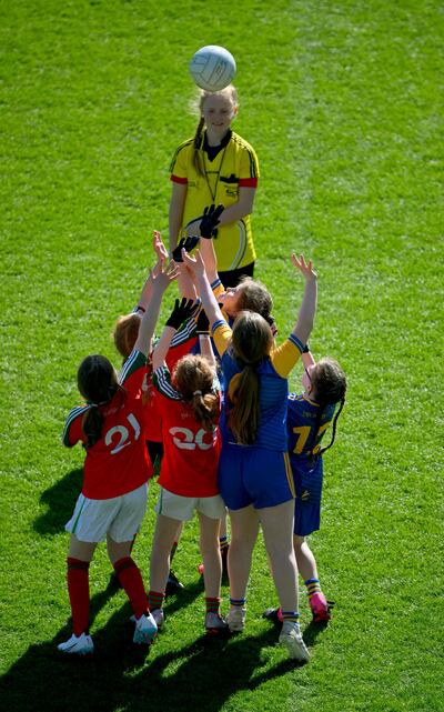Children from St Bridget's club, Clonmore, Co Carlow, and Dromard GAA Club in Longford at the LGFA Go Games Activity Day 2023 at Croke Park in Dublin. Photograph: Ray McManus/Sportsfile