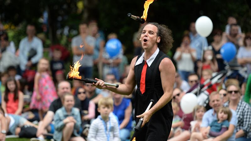 Nino Costrini, performing at the Laya healthcare City Spectacular, in Merrion Square, Dublin. Photograph: Dara Mac Dónaill / The Irish Times