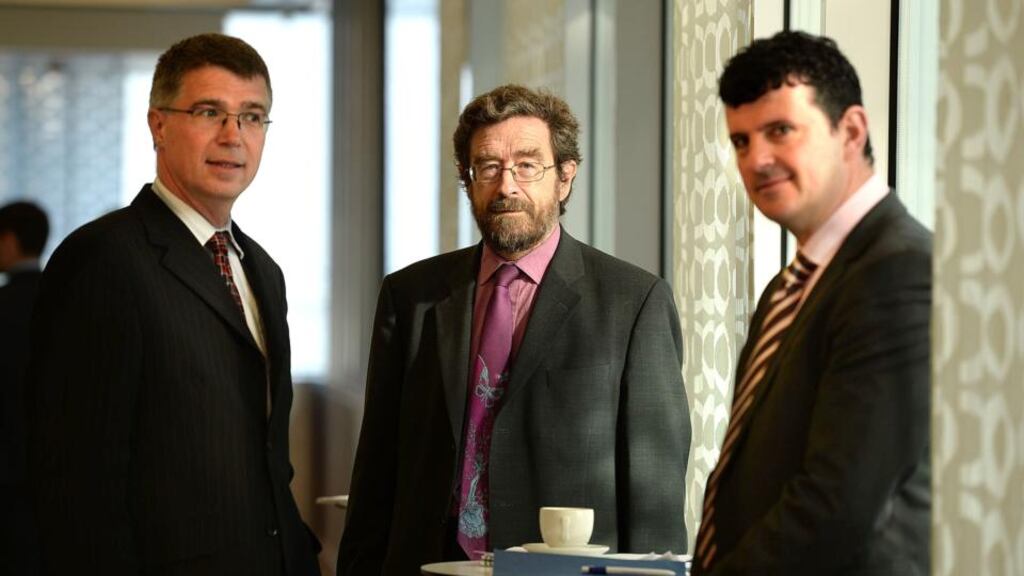 The ESRI’s David Duffy, John FitzGerald and Kieran McQuinn at the launch of the quarterly economic commentary yesterday. Photograph: Cyril Byrne