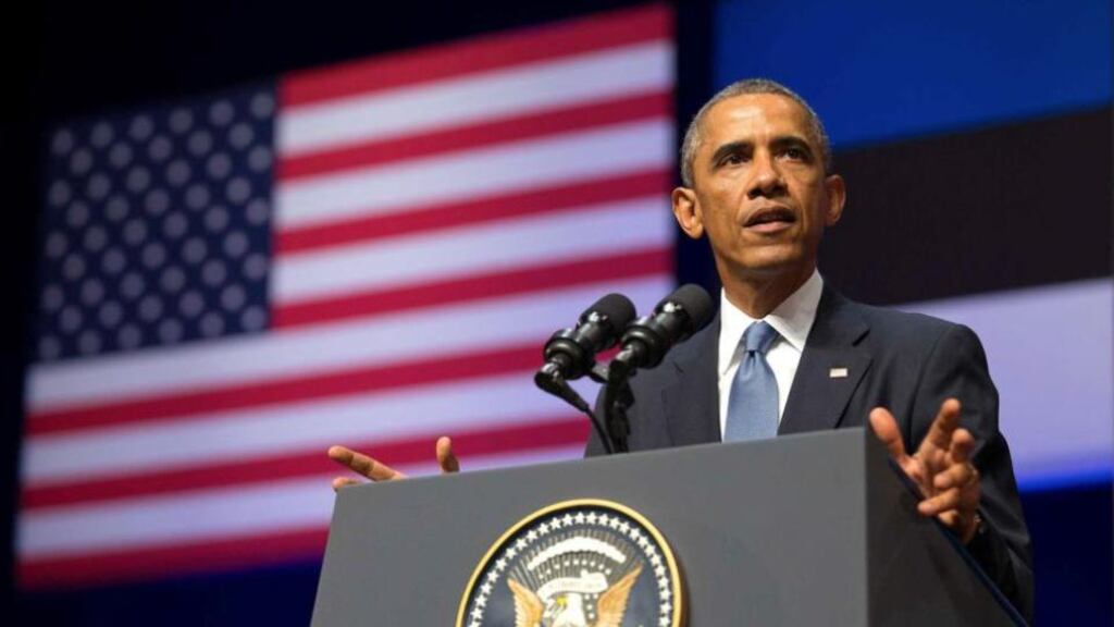 US president Barack Obama delivers an address at Nordea Concert Hall in Tallinn, Estonia, yesterday. Earlier yesterday Obama said it was “too early to tell” whether a Ukrainian announcement of a retraction of a ceasefire with Russia would be meaningful. Photograph: Doug Mills/The New York Times