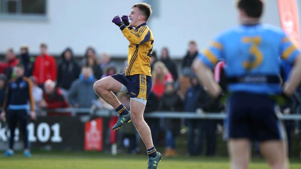 DCU’s Enda Smith celebrates victory over UCD in the semi-final of the  Sigerson Cup at The Mardyke in Cork. Photograph:  Donall Farmer/Inpho