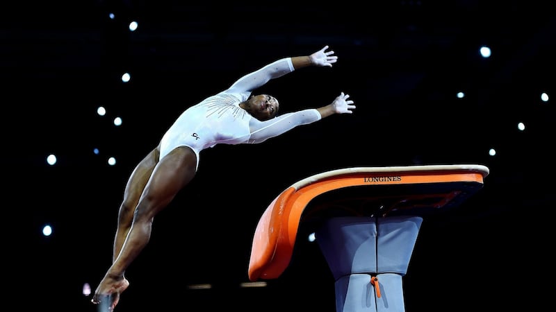 Simone Biles competes on the vault during the final. Photograph: Laurence Griffiths/Getty Images