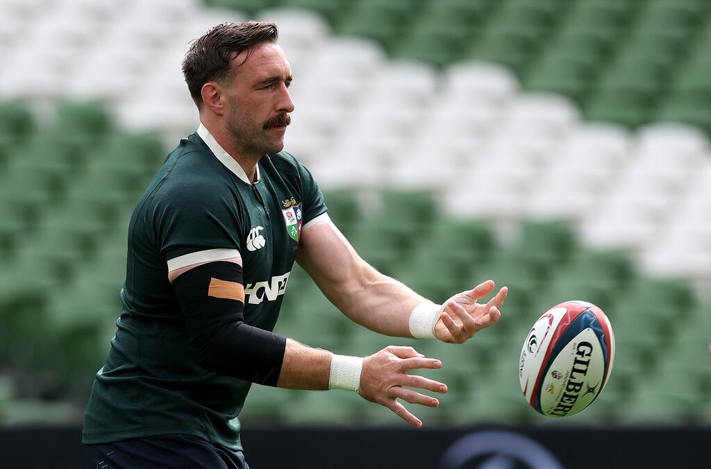 Jack Conan passes the ball in Lions training. Photograph: David Rogers/Getty