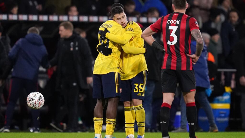 Arsenal’s Gabriel Martinelli and Eddie Nketiah react after the FA Cup fourth round win at Bournemouth at Vitality Stadium. Photo: John Walton/PA Wire