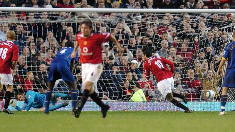 Ruud van Nistelrooy scores from the penalty spot as Manchester United end Arsenal’s 49-game unbeaten run in 2004. Photograph: Paul Barker/Getty