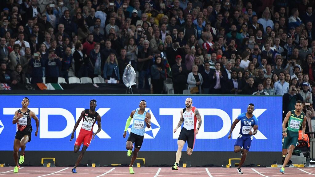 Japan’s Abdul Hakim Sani Brown, Trinidad and Tobago’s Jereem Richards, Botswana’s Isaac Makwala, Turkey’s Ramil Guliyev, US athlete Isiah Young and South Africa’s Wayde Van Niekerk compete in the final of the men’s 200m at the World Championships in London. Photograph: Jewel Samad/AFP/Getty Images