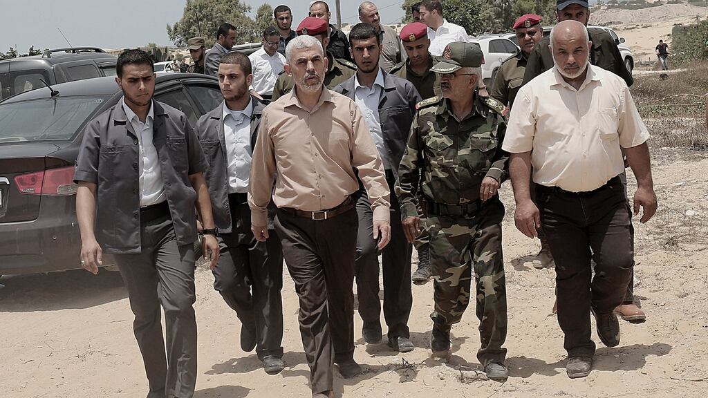 Hamas leaderYahya Sinwar (third from left) visits the border between Egypt and Gaza Strip at Rafah on July 6th. Photograph: EPA