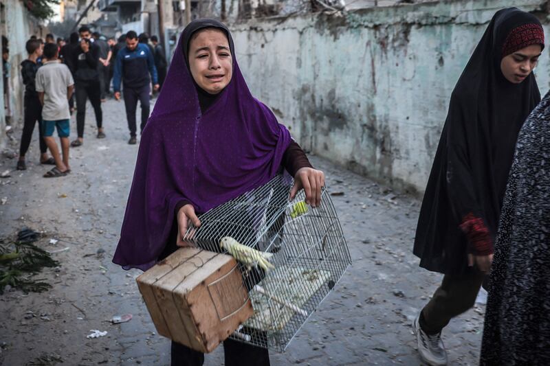 A woman carrying a bird cage flees following an Israeli strike in Rafah in the southern Gaza Strip on Thursday. Photograph: Mohammed Abed/AFP via Getty Images