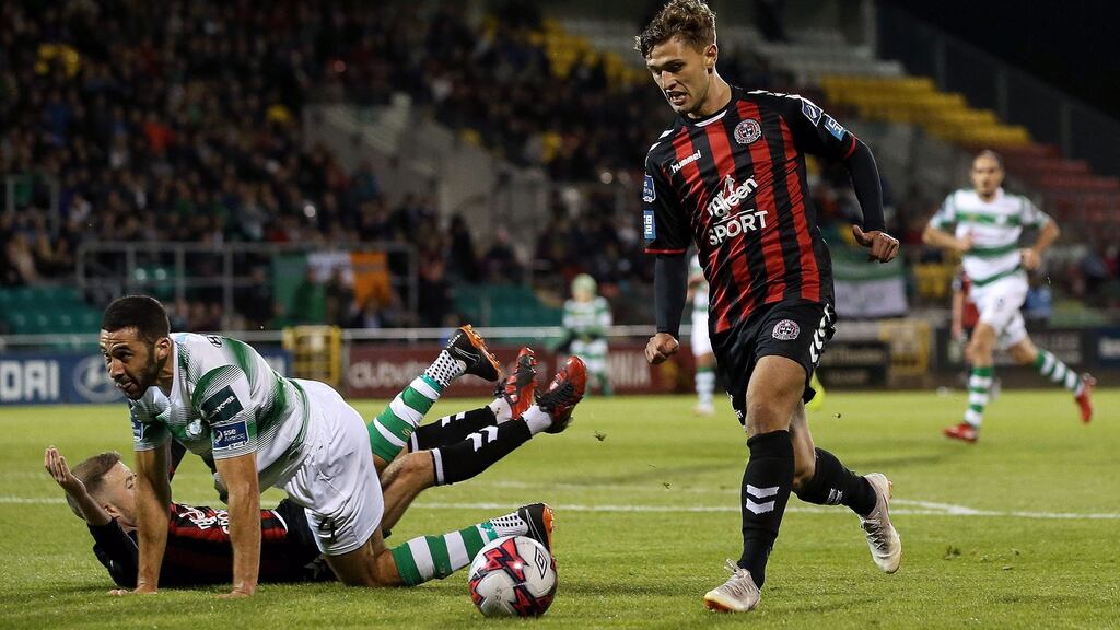 Bohemians’ Eoghan Stokes scores the winning goal against Shamrock Rovers in the SSE Airtricity League Premier Division match at  Tallaght Stadium. Photograph: Tommy Dickson/Inpho
