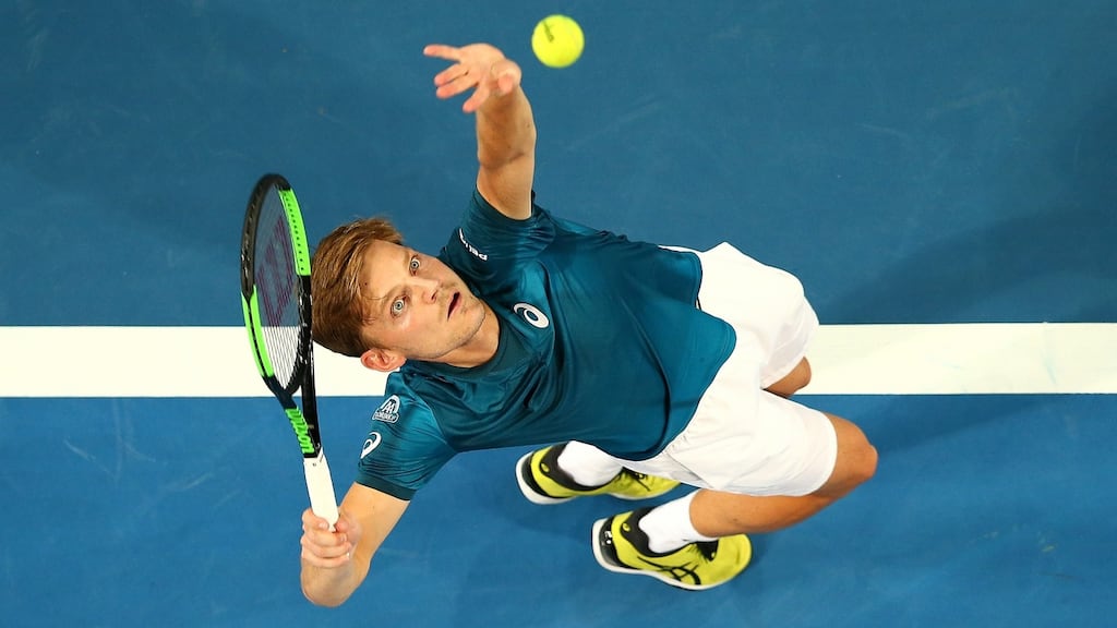 Belgium’s David Goffin of Belgium serves to Australia’s Thanasi Kokkinakis on day five of the 2018 Hopman Cup in Perth. Photograph: Paul Kane/Getty Images