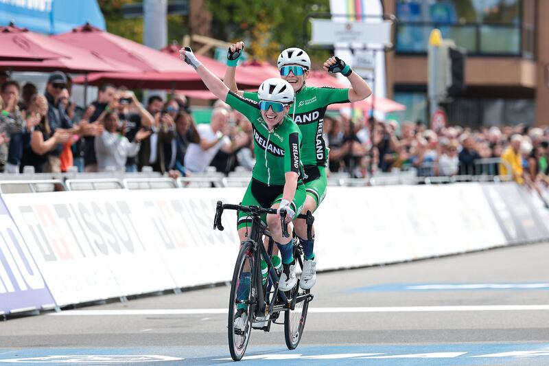 Katie-George Dunlevy and Linda Kelly after winning the women's B road race at the World Champions in Zurich. Photograph: Alex Whitehead/SWpix.com