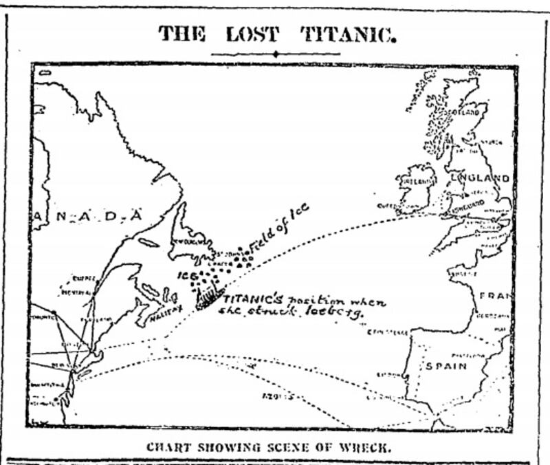 A chart plotting the scene of the wreck, published on Page 7, April 17th, 1912. Photograph: The Irish Times