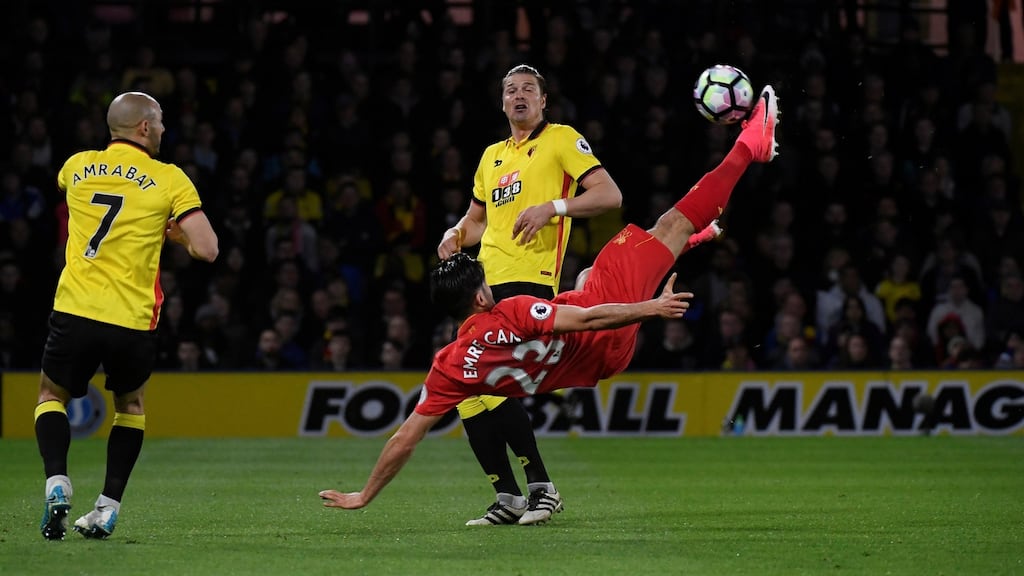 Liverpool’s Emre Can scores an acrobatic goal in the Premier League match against Watford at Vicarage Road. Photograph: Toby Melville/Reuters/Livepic