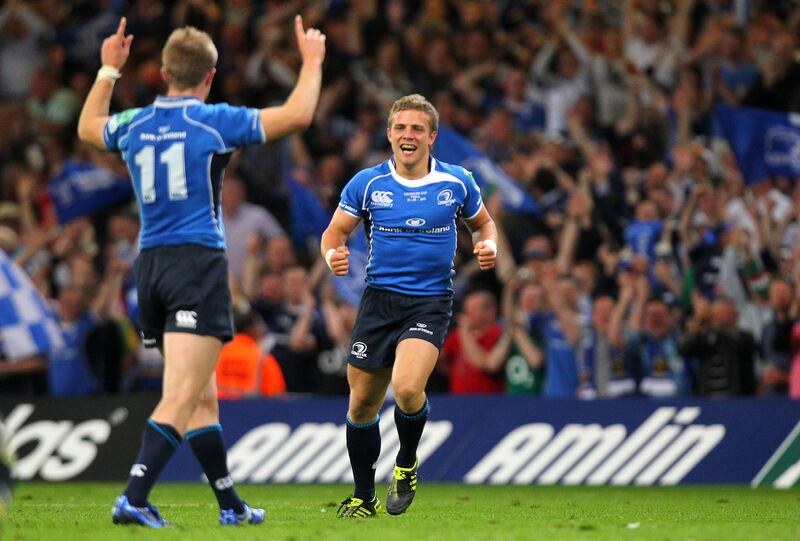 Ian Madigan celebrating at the final whistle of the Heineken Cup final in 2011. Photograph: ©INPHO/Ryan Byrne