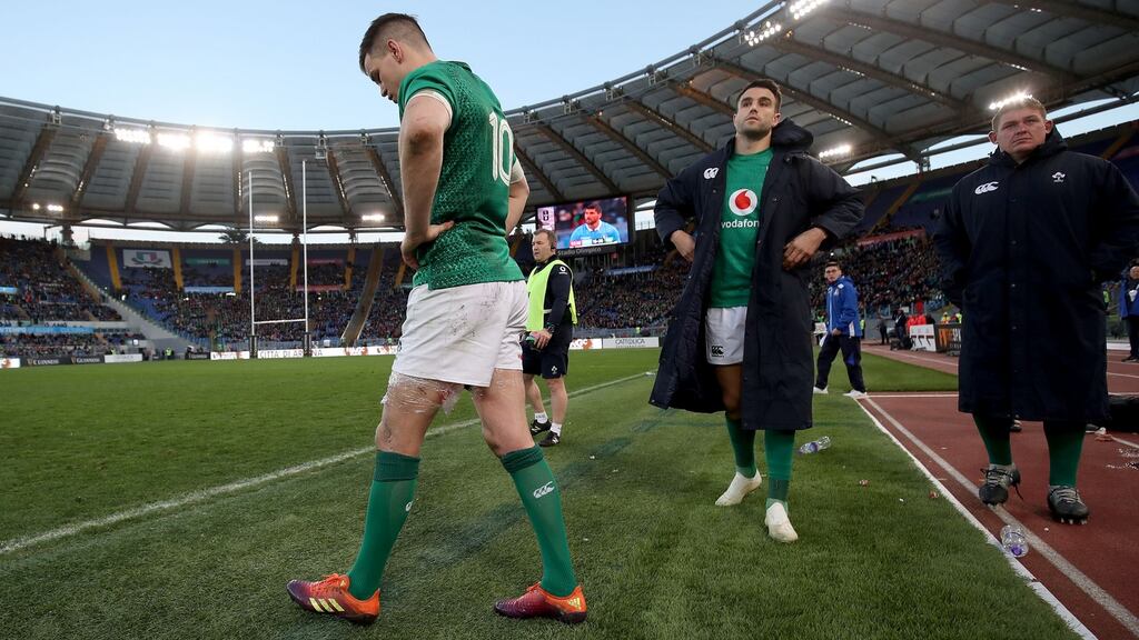 Ireland’s Jonathan Sexton along with Conor Murray and Tadhg Furlong after the Six Nations game against Italy in Rome. Photograph: Dan Sheridan/Inpho