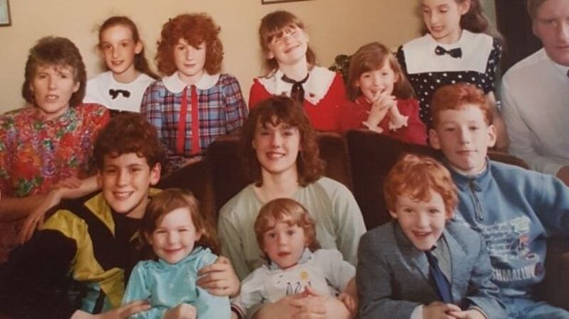 The O’Reilly family: (Back row) Sheila, Maeve, Mairéad, Dearbhaile, Caoimhe, Orla, Joe; (front) Dara holding Fionnuala; Sinéad holding Conall; Séamas and Shane