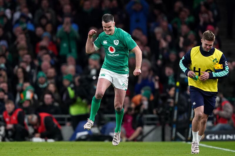 Johnny Sexton celebrates after landing the conversion to Ireland's third try during the Guinness Six Nations match at the Aviva Stadium. Photograph: Brian Lawless/PA Wire