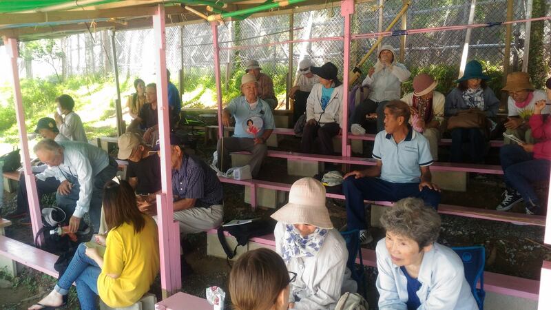 Anti-base protesters outside Camp Schwab, Henoko, Okinawa, Japan talking to students from Okinawa Christian University/Junior College. Photograph: Michael Bradley