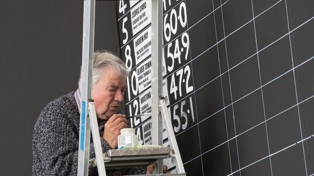 The results from the dressage display are hand painted on a display board on the second day at the Mitsubishi Motors Badminton Horse Trials. Photograph: Matt Cardy/Getty Images