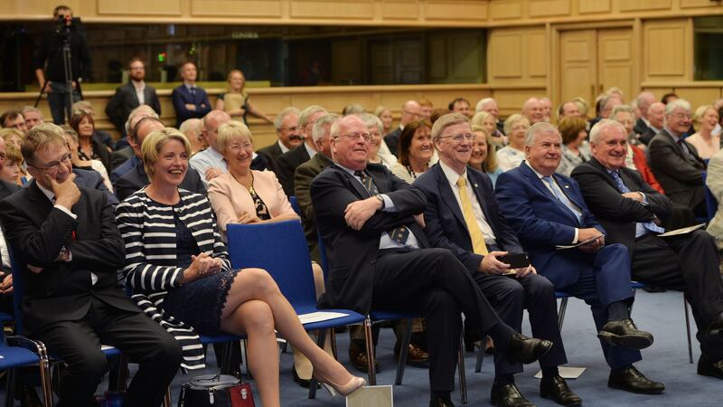 (L-R) Eamon O’Cuiv, Mary Coughlan, Mary Hanafin, Michael McDowell, Donie Cassidy, Senator Terry Leyden and Former taoiseach Bertie Ahern in the audience. Photograph: Alan Betson/The Irish Times