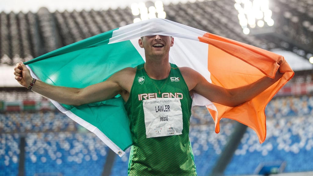 Ireland’s Marcus Lawler celebrates winning bronze in the 200m final at World University Games, in Stadio San Paulo, Naples, Italy. Photograph: Tommy Dickson/Inpho