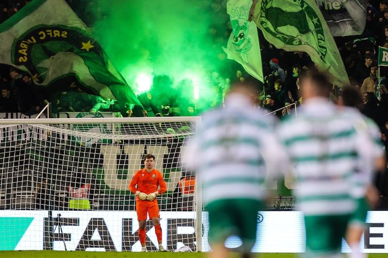 Flare go off during the game between Shamrock Rovers and Galway United at Tallaght Stadium. Photograph: Ryan Byrne/Inpho