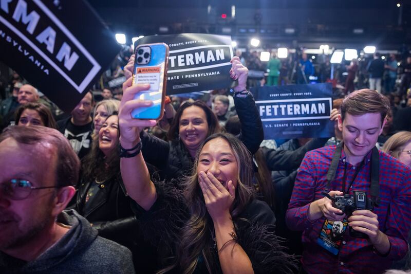 Supporters of Democratic Senate candidate for Pennsylvania John Fetterman celebrate after he defeated Republican candidate Mehmet Oz. Photograph: Jim Lo Scalzo/EPA