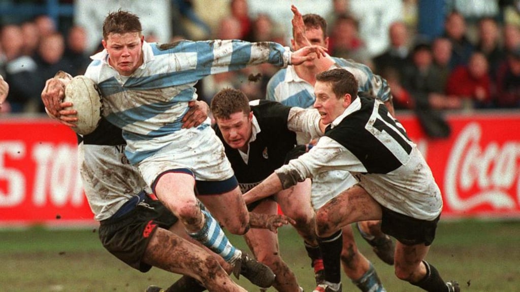 Blackrock outhalf Brian O’Driscoll in possession as Newbridge players including outhalf Brent Ward try to stop him during a  Leinster School’s Senior Cup game at Donnybrook in 1997 Photograph: Matt Kavanagh.