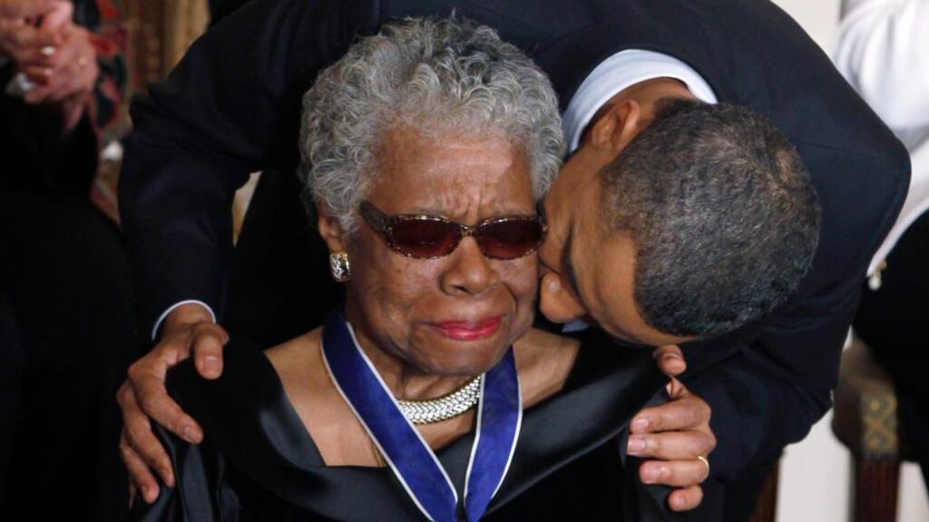 Maya Angelou receives a Medal of Freedom from US president Barack Obama at the White House in Washington in this February 15, 2011 file photo. Reuters