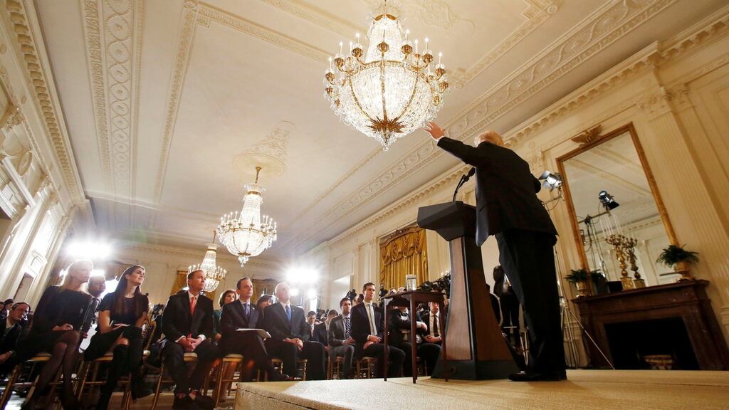 Fake news: at his press conference President Trump was forced to acknowledge his false claims about the margin of his electoral-college victory. Photograph: Kevin Lamarque/Reuters