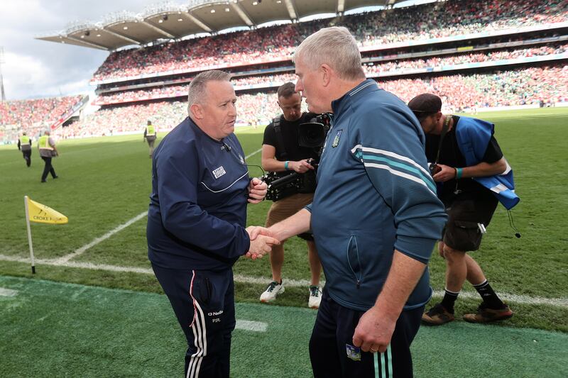Cork manager Pat Ryan and Limerick's John Kiely following the All-Ireland semi-final when Limerick hopes of a five-in-a-row were dashed. Photograph: Bryan Keane/Inpho