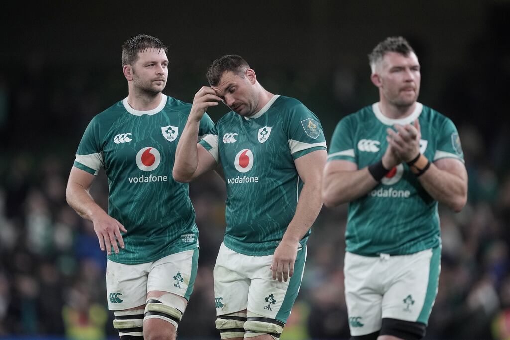 Tadhg Beirne (centre) reacts after Ireland's defeat to New Zealand in the opening match of the Autumn Nations Series at the Aviva Stadium, Dublin. Photograph: Brian Lawless/PA Wire.